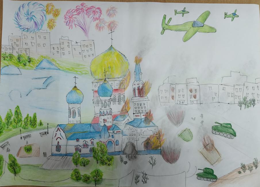 «Памятный день». Рисунок Варвары Шестаковой (Засосенская школа Красногвардейского района) Любимый Белый город - Изображение 7